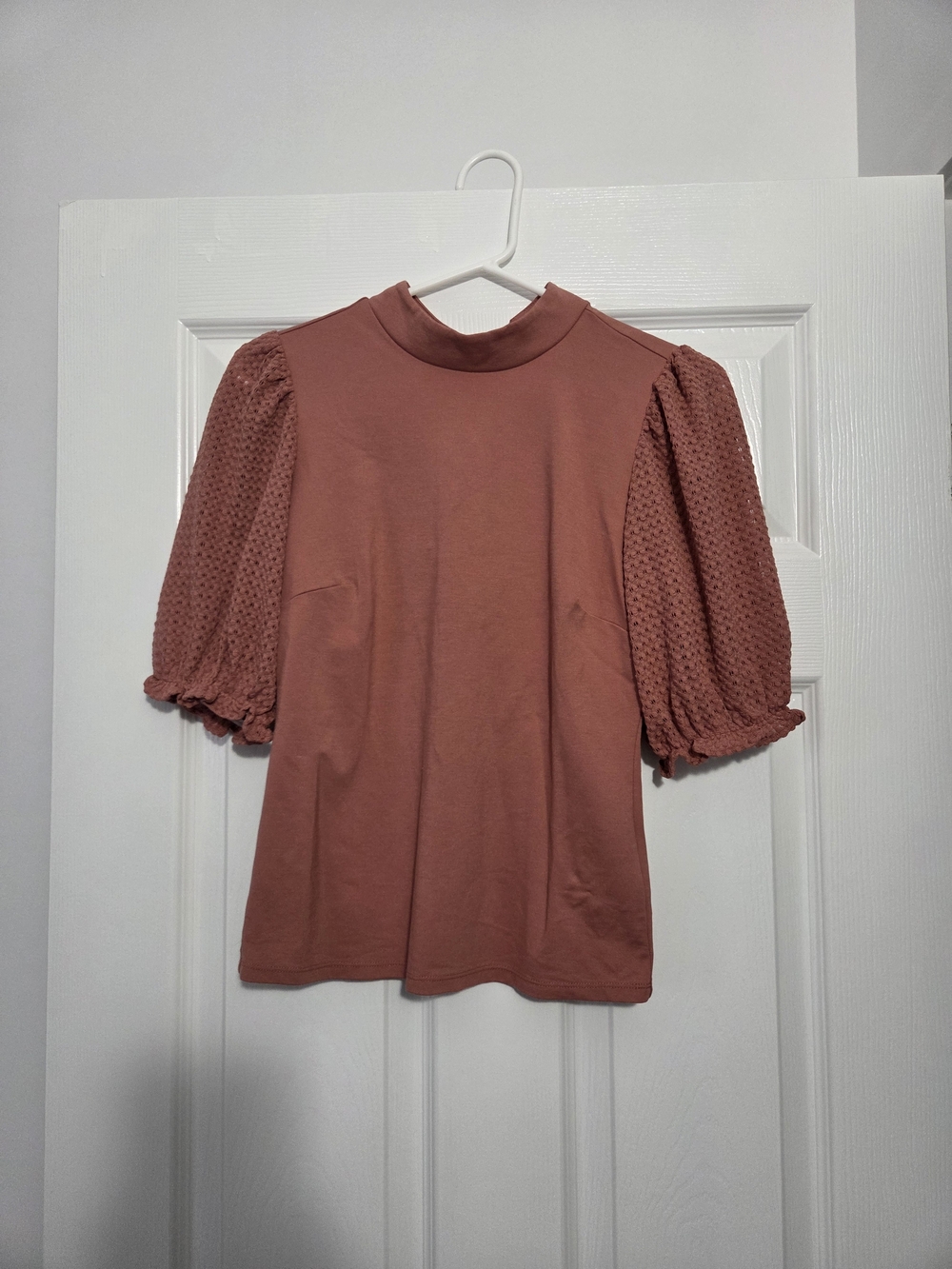 RW&CO. Textured Puff Sleeve Mock Neck Top - Dusty Rose